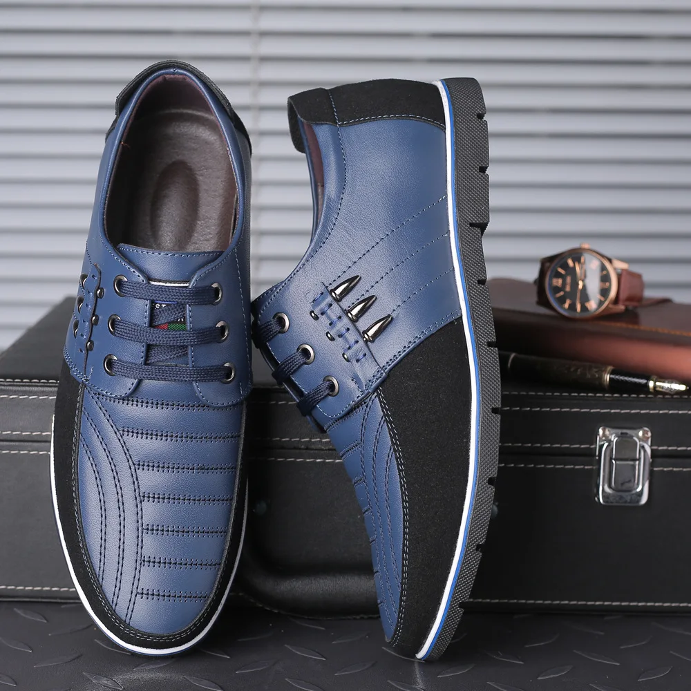 

Men Shoes Spring round-Toe Cowhide Casual Lace up Front Platform Shoes Shock Absorption Large Size Leather Fashi