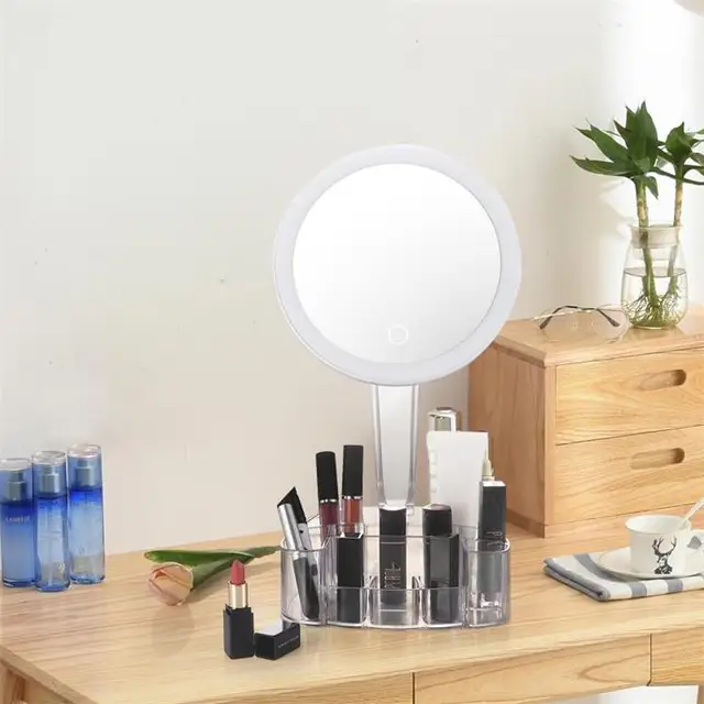 3 In 1 Desktop Vanity Makeup Mirror With Light Ladies Large Capacity Storage Box