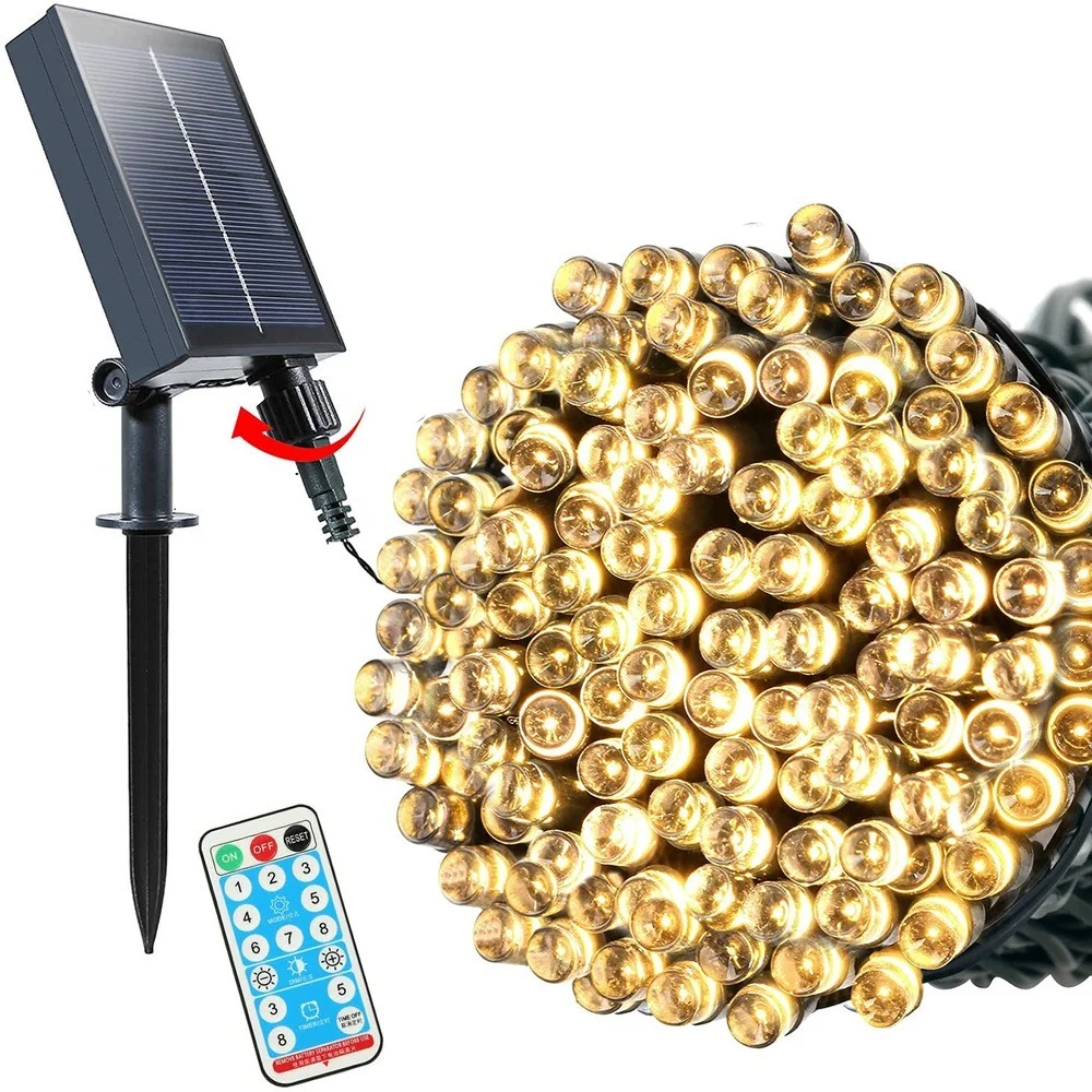thumbnail image 2 of Guirnalda de luces navideñas solares para exteriores, resistente al agua, con temporizador remoto de 8 modos, lámpara parpadeante de 10, 20, 30, 50 y 100 m, para patio, jardín, fiesta, decoración, 2 of 5