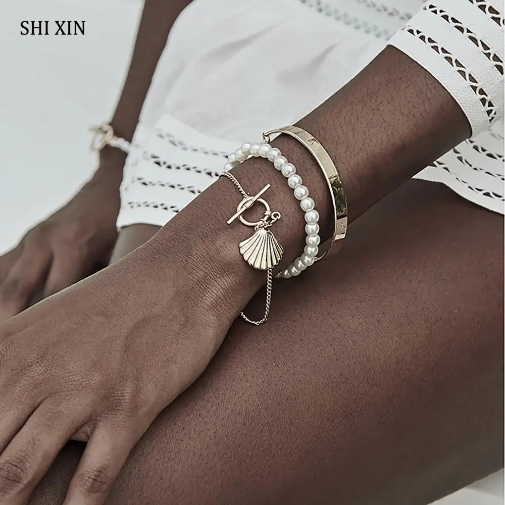 

SHIIXN 3Pcs Charms Pearl Bracelets for Women Summer Shell Bracelet Bangle Set Fashion Bracelet Femme 2019 Gold/Silver Hand Chain