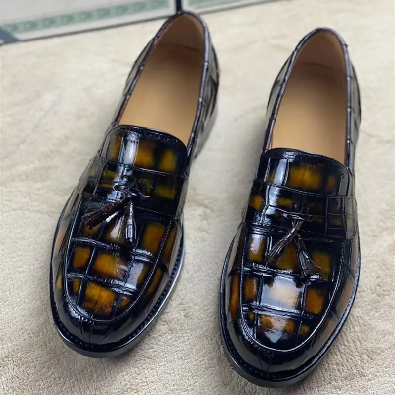 

Authentic Crocodile Belly Skin Hand Painted Men Colorful Tassel Loafers Genuine Alligator Leather Male Slip-on Party Dress Shoes
