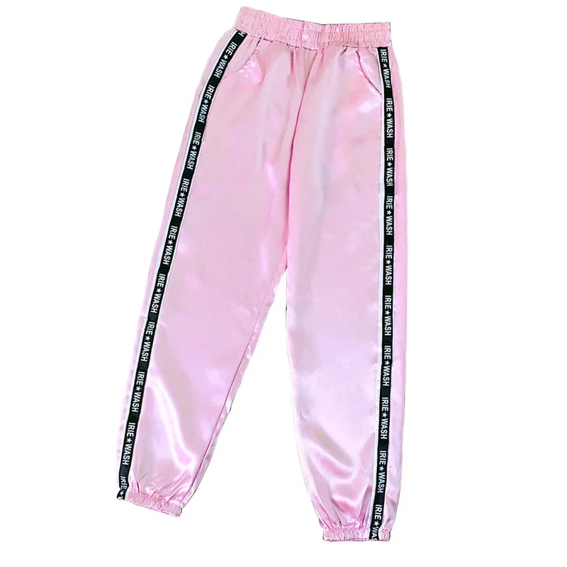 Женские летние атласные шаровары с большим карманом, Женские глянцевые Брюки с лентой, женские свободные штаны Харадзюку - Цвет: Розовый
