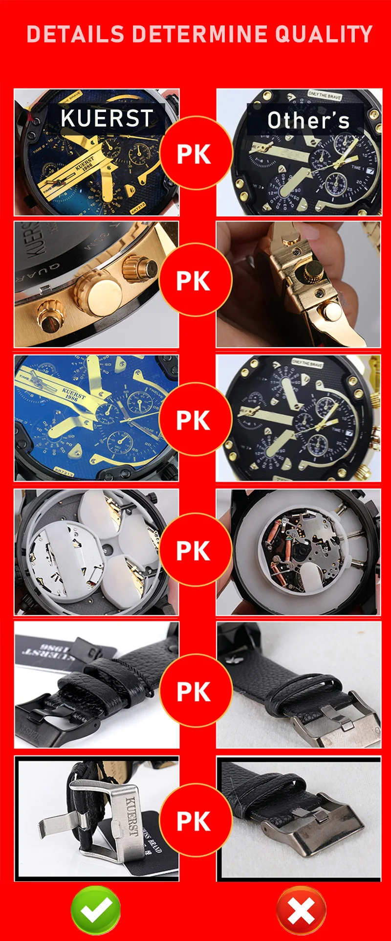 KUERST мужские часы с большим циферблатом Кварцевые спортивные наручные часы мужские