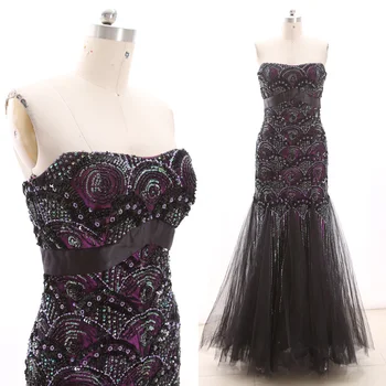 

MACloth Black Mermaid Strapless Floor-Length Long Crystal Tulle Prom Dresses Dress M 269033 Clearance