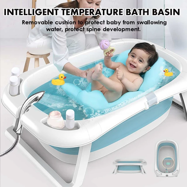 Bañera plegable para bebé recién nacido, soporte con cojín, termómetro  inteligente, portátil - AliExpress