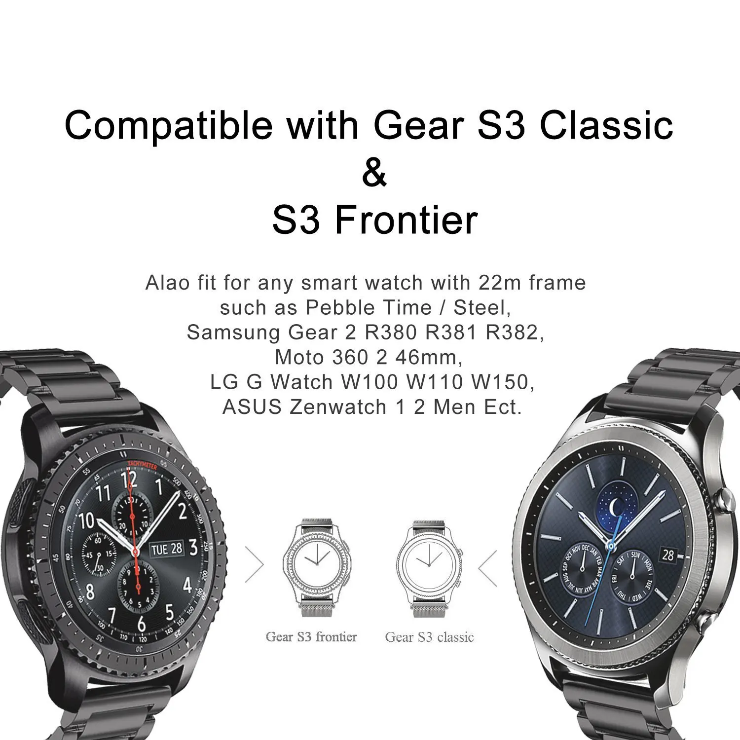 Ремешок для часов из нержавеющей стали 18 мм 22 20 ремешок Samsung Galaxy Active 2 40 44 Gear S3 huawei