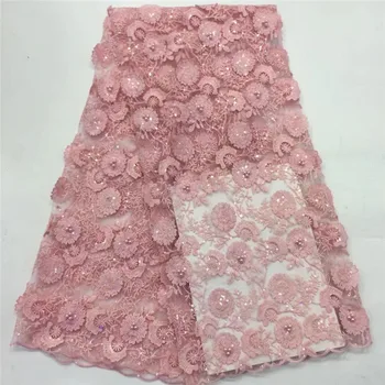 

Pink African Women Sequin Lace Fabrics 3d Flower Tulle Lace 2019 French Net Beaded Lace Fabric Embroidered Nigerian Laces Fabric