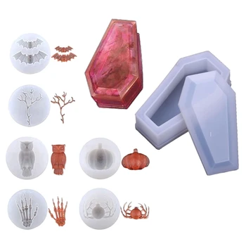 

Halloween Resin Silicone Molds Set Vampire Coffin Storage Box Mold with Bat Spider Pumpkin Epoxy Resin Mold Art Crafts