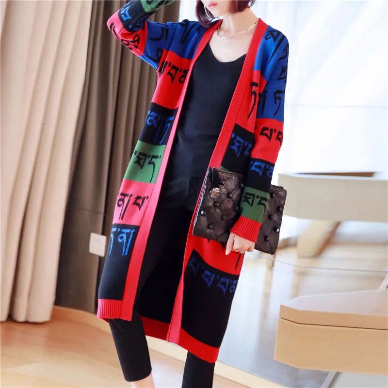 Korean Loose Hit Color Letter Sweater Coat Female Autumn Winter Ladies Fashion Large Size Long Knit Cardigan Chaqueta f2052 - Цвет: colors
