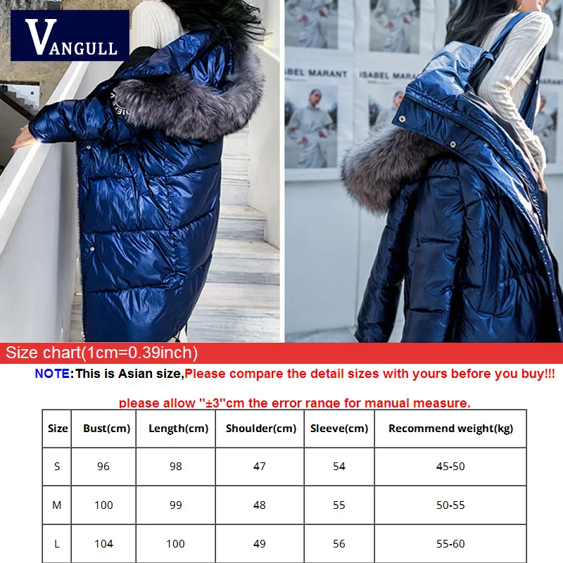 Vangull, зимняя парка, пальто, глянцевая куртка, женский пуховик, хлопковые куртки, длинный, с капюшоном, утолщенный, с заплатками, дизайн, модный, свободный, Chaqueta Mujer