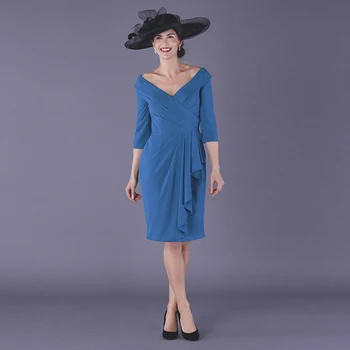 

Royal Blue V Neck Chiffon Mother Of the Bride Dresses 3/4 Sleeves Simple Pleats Plain Formal Party Dresses Mother Gown