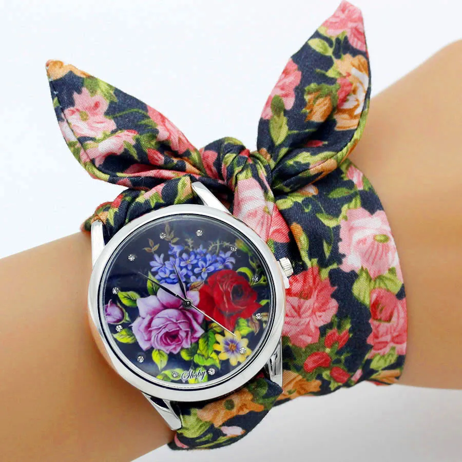 Shsby New Design Ladies Flower Cloth Wristwatch Fashion Women Dress Watch High Quality Fabric Clock Sweet Girls Bracelet Watch 5