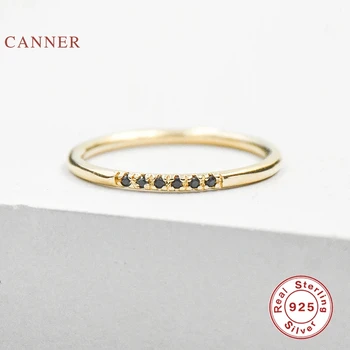 CANNER Real Single Row Of Black Diamonds Ring 100% 925 Sterling Silver Anillos 14k Gold Rings For Women Luxury Fine Jewelry Gift