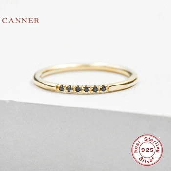 CANNER 여성용 진짜 한 줄 블랙 다이아몬드 반지, 100% 925 스털링 실버, 14k 골드 반지, 고급 주얼리 선물