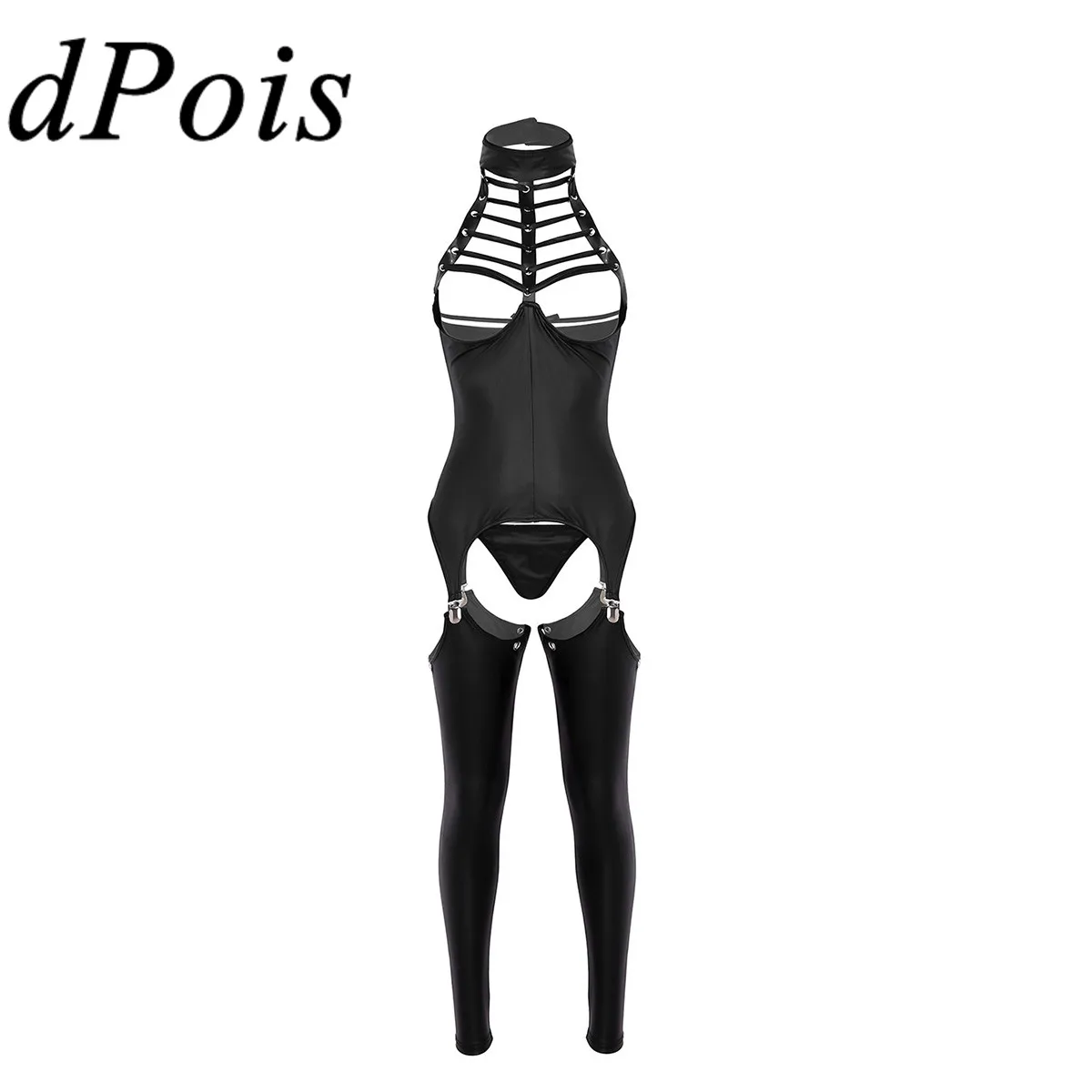 

Split Type Patent Leather Bodysuit Women Black Halter Neck Open Bust Top Crotchless G string Trouser Legs Straps Sexy Costume