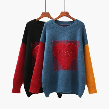 

H.SA European Fashion 2019 Sweet heart Love Sweaters and Pullovers Long Sleeve Patchwork Knit Sweaters Vintage Loose Tops Kawaii
