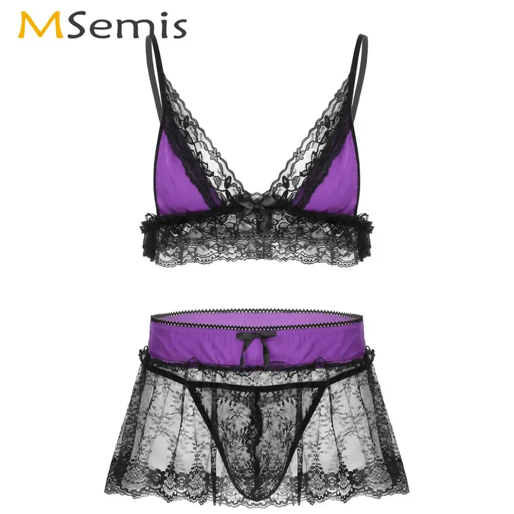 

Men Sexy Transparent Micro Lingerie Set Sissy Lenceria Lace Nightwear Erotic Spaghetti Strap Bra with Mini Skirt G-string Briefs