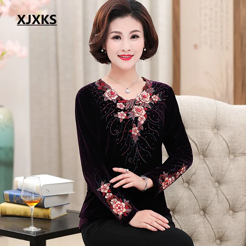 XJXKS осень новая модная аппликация вышивка женская футболка с длинными рукавами Свободный Плюс Размер Удобная скатерть женский топ - Цвет: Черный