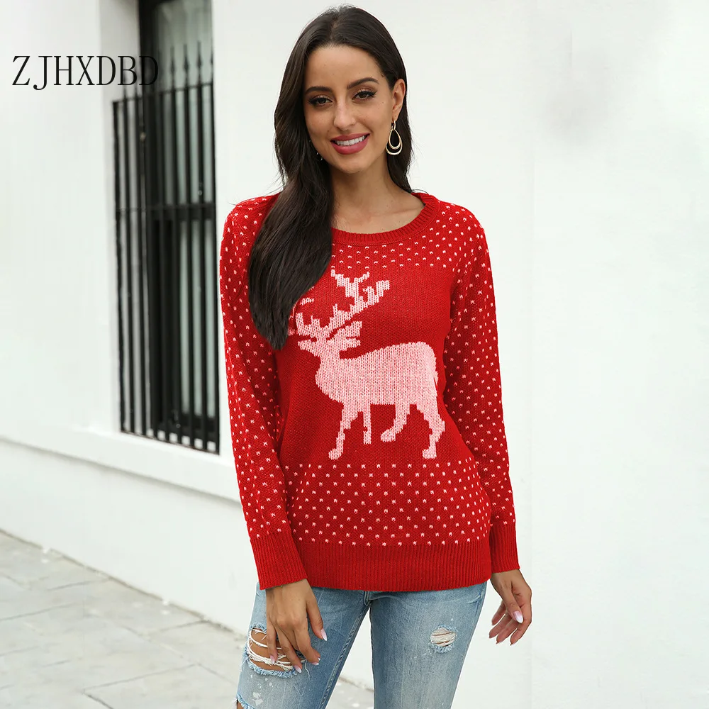 

2020 Vintage Merry Christmas Sweaters Women Long Sleeve Autumn Winter Snowflake Deer Print Knitted Female Pullover Top Jumper