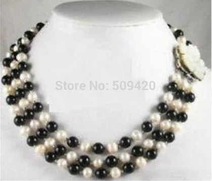 Бесплатная доставка&gt 3 ряда настоящий белый жемчуг черный агат раковина цветок