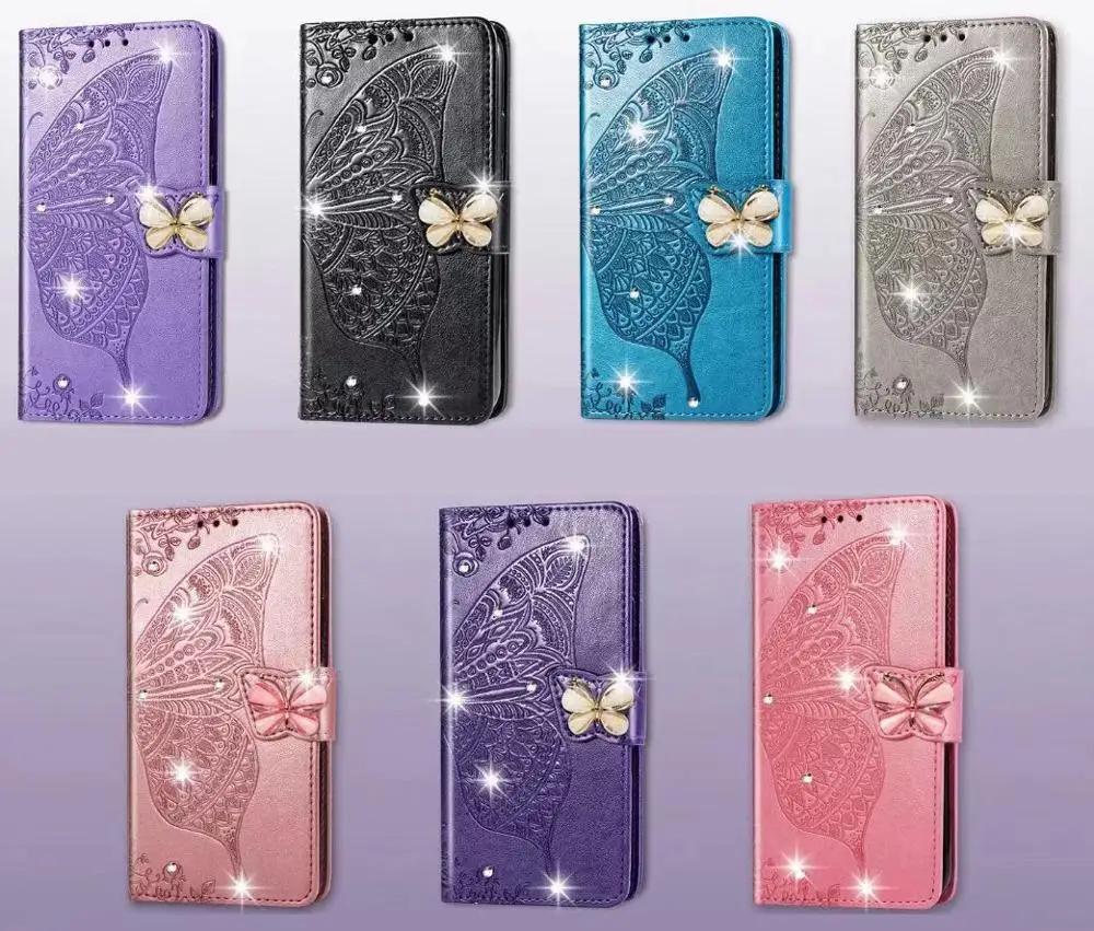 Кожаный чехол-бумажник для Iphone 11 Pro XS MAX XR X 8 7 6 Galaxy Note 10 3D Большая Бабочка Блестящий