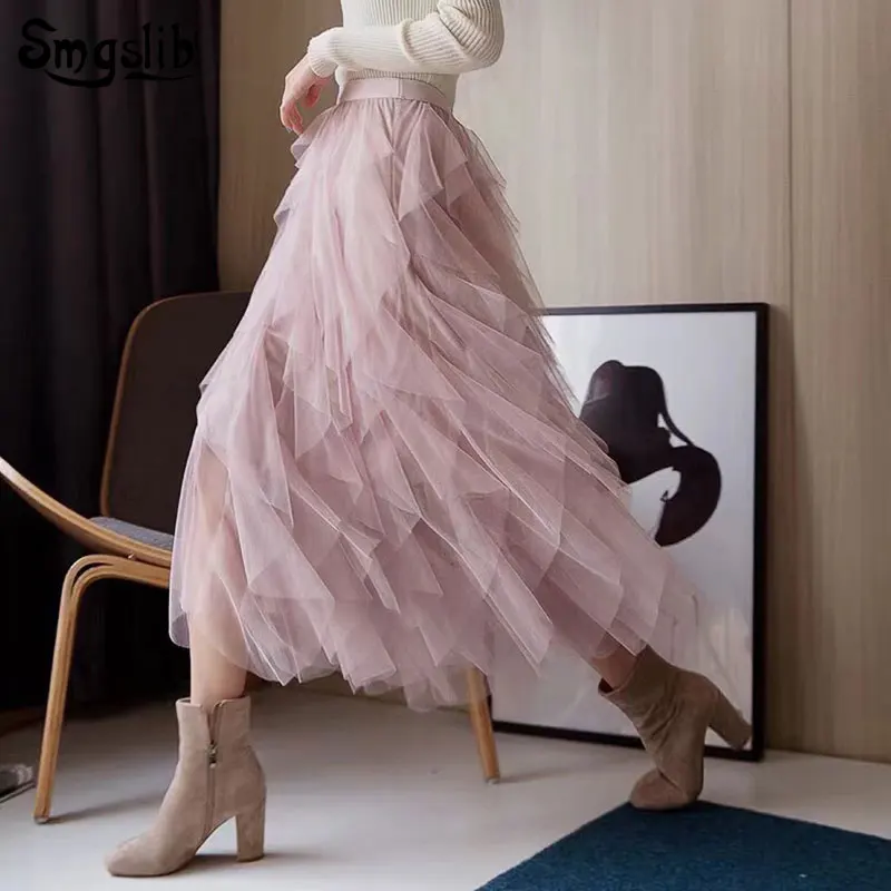 

2019 Fashion Tide New Spring Autumn skirt elegant High Waist black pink pink lrregular Mesh split Joint Half-body Skirts