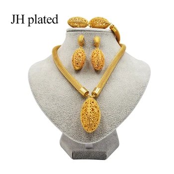 

JHplated Exquisite Dubai bracelet Necklace ring earring Jewelry sets women of gold color African wedding Jewelry Wholesale