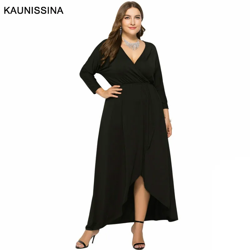 KAUNISSINA размера плюс вечерние платья для женщин с длинным рукавом Твердые коктейльные платья с длинным v-образным вырезом платье для выпускного вечера Вечернее платье для коктейля - Цвет: Black