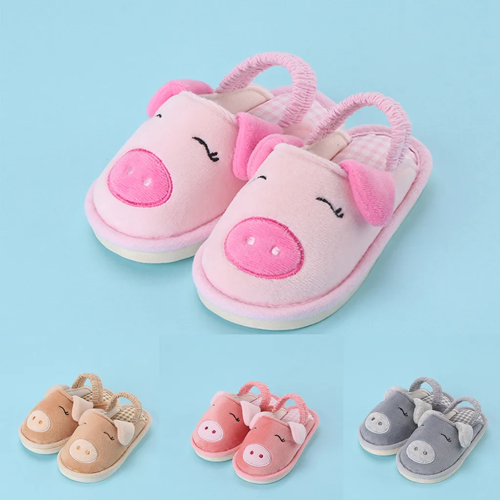 Обувь с изображением свинки для маленьких мальчиков и девочек в стиле унисекс; теплые домашние тапочки; Шлепанцы из мягкого хлопка с милыми эластичными лентами; модная повседневная обувь