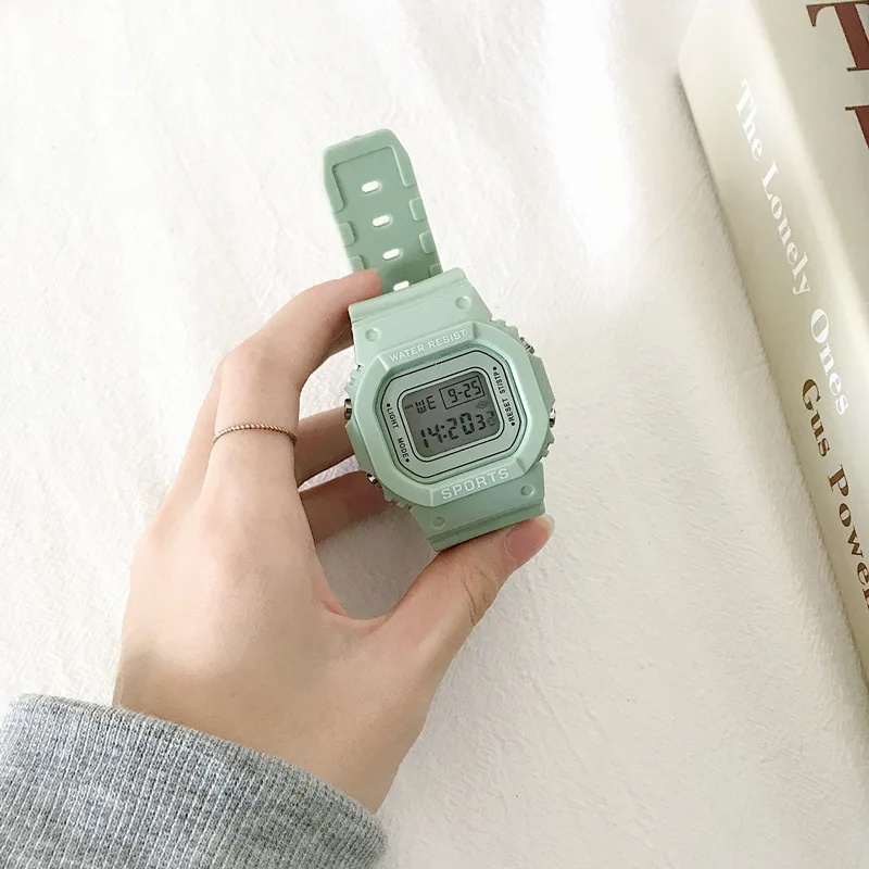 

Lovely Girl Digital Watch Green Square Waterproof Silicon Bond Resin Case Simple Student Small Fresh Watch Sport Clock Women