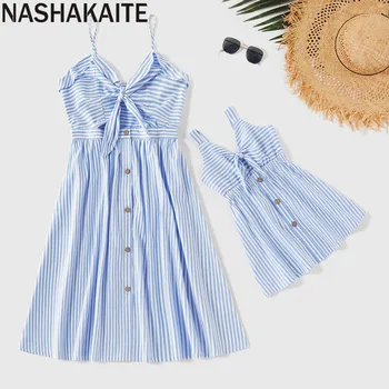 

NASHAKAITE Mom and daughter dress Blue Striped V-neck Knotted Button Matching Dress For Mother Daughter Family matching clothes