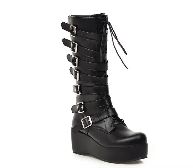 Gothic Punk Womens Platform Boots Black Buckle Strap Lace Up Creeper Wedges Shoes Mid Calf Military Combat Boots 3