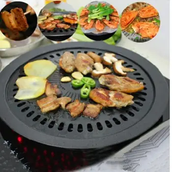 

Round Iron Korean BBQ Grill Plate Barbecue Non-stick Pan Set with Holder Set