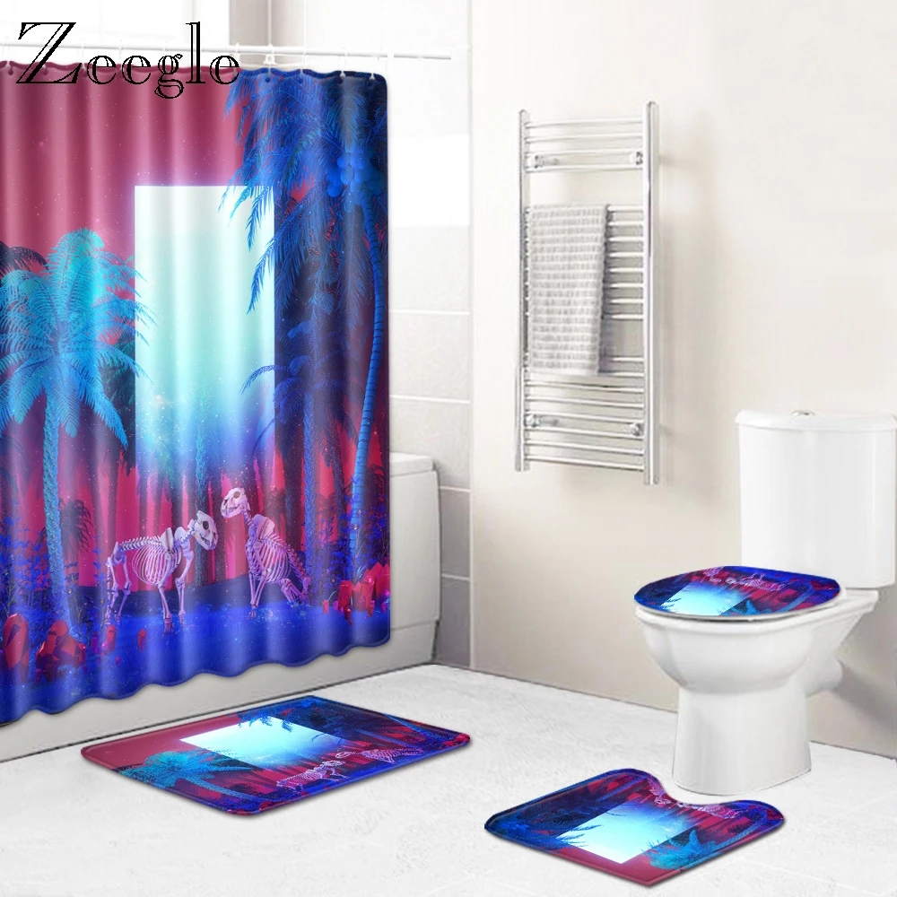 Zeegle 4pcs Bath Mat Set Anti Slip Carpet for Bathroom Decoration Waterproof Shower Room Curtain Bathroom Rug Set Modern Mat