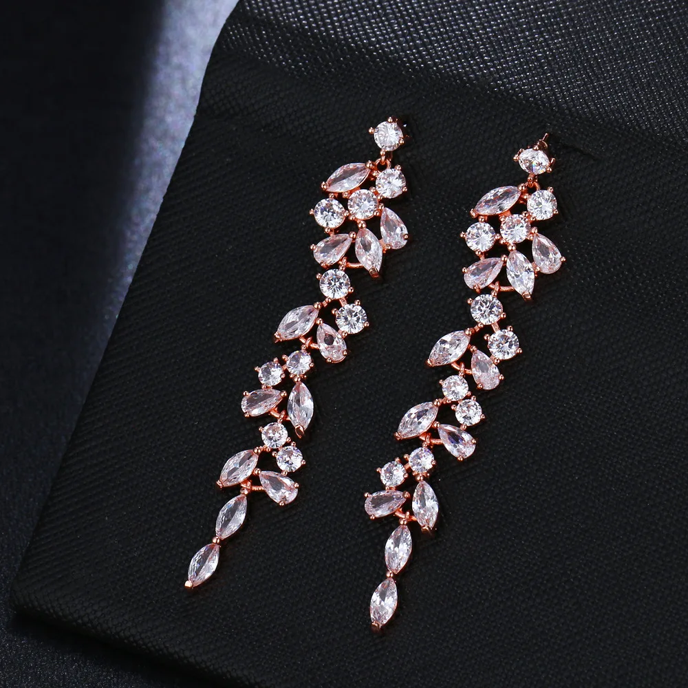 Ekopdee INS Fashion Long Cubic Zirconia Statement Tassel Earrings Bling CZ Hypoallergenic Earrings Bridal Wedding Jewelry Gift