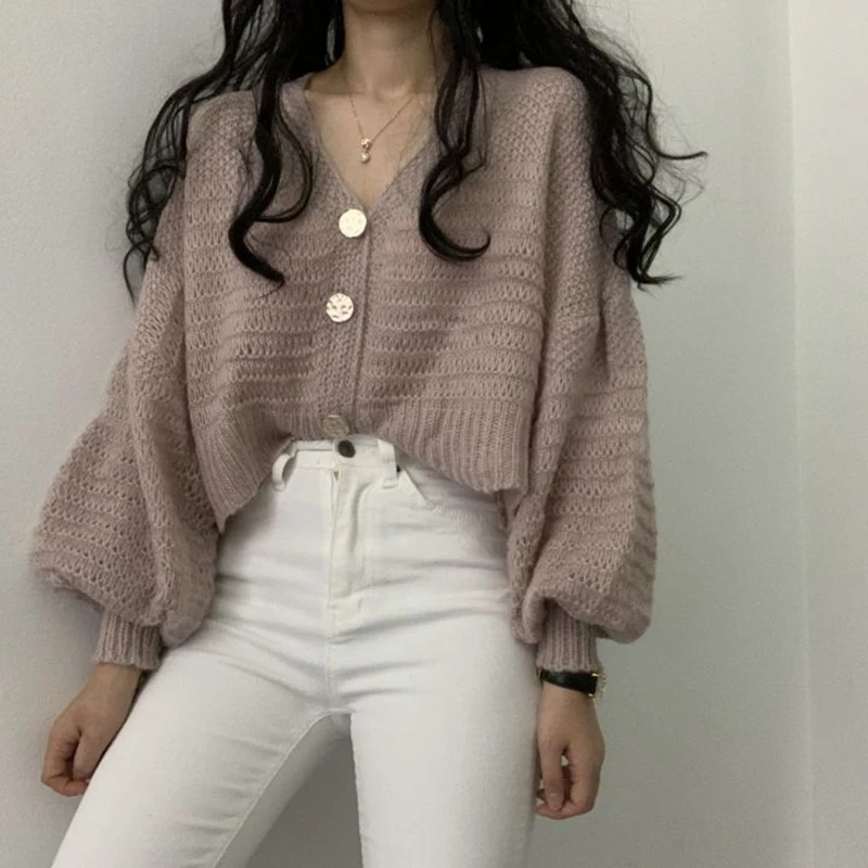 RICININA, женский свитер, джемпер, длинный, фонарь, рукав, v-образный вырез, пуговицы, однотонный, вязанный, Ретро стиль, свитер для женщин, короткий кардиган, весна