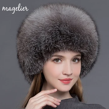 

Real Fur Hats for Women Russian Winter Warm Ears Luxurious Big Natural Fox Fur Caps Black Fashion Brand Beanies New Arrival