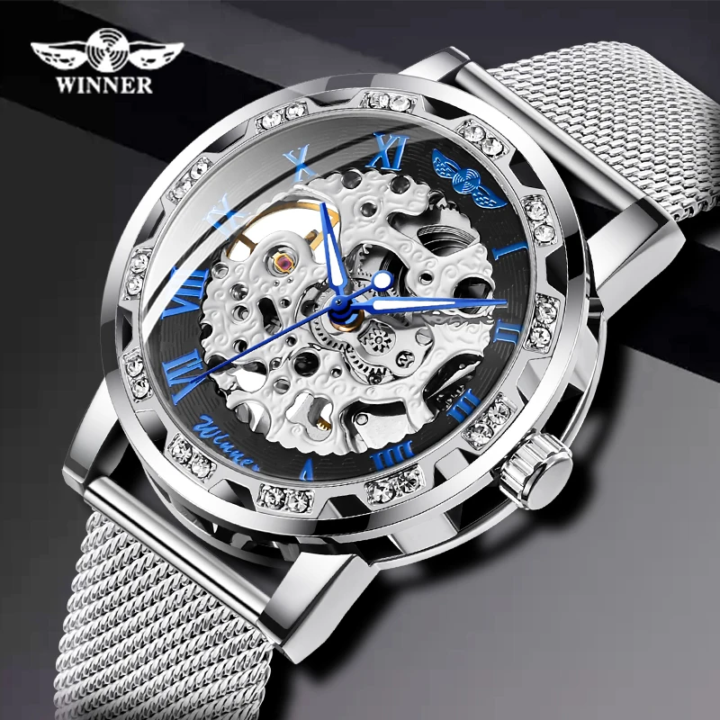

Winner Silver Watches Men Skeleton Mechanical Watch Crystal Mesh Slim Stainless Steel Band Top Brand Luxury Hand Wind Wristwatch