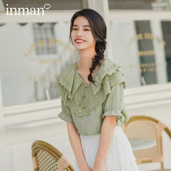 

INMAN Summer New Arrival Elegant Loose Style Elastic Half Sleeve Double Layered Lotus Lace Blouse