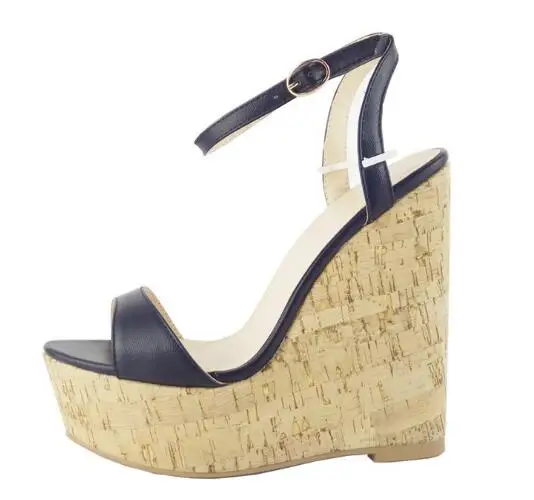 

Dipsloot Summer Fashion Black Brown Open Toe Wedge Sandals Woman 150 mm Wood Heels Buckle Strap Platform Casual Sandals Shoes