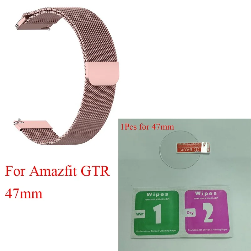 Ksadkvor for Xiaomi Mijia Amazfit GTR 42 47MM Wristband Strap Wrist Metal Milanese Loop Band with Screen Glass Protector Gift - Цвет: 47Rose Gold