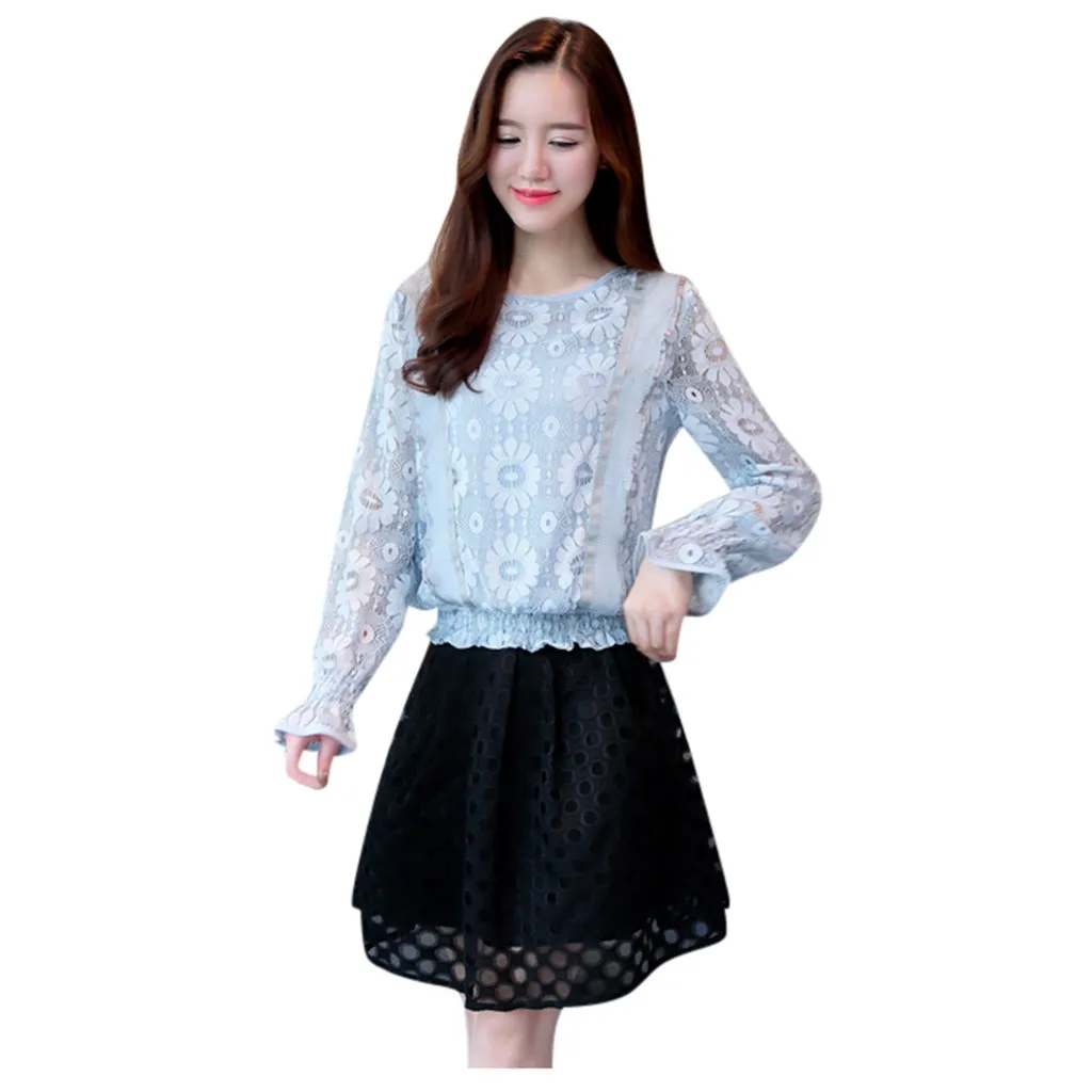 Blue Летний женский топ Blusa Mujer кружевная шифоновая блузка женская рубашка с длинным рукавом Женские топы и блузки женские большие размеры# J30 - Цвет: Blue