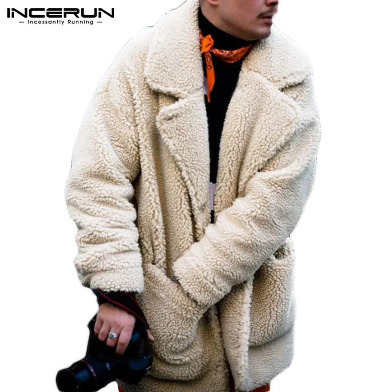

INCERUN 2019 Men's Coat Winter New Apricot Streetwear Hairy Cardigan Large Pocket Solid Color Lapel Warm Simple Men's Coat 5XL