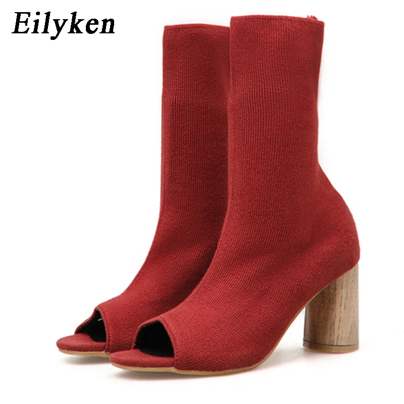 

Eilyken Spring Autum New Design Women Ankle Boots Peep toe knitted Stretch Fabric Boots Sexy socks high heels Woman shoes