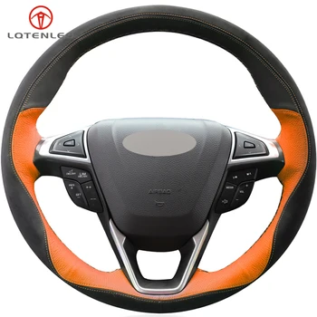 

LQTENLEO Black Orange Leather Black Suede Car Steering Wheel Cover For Ford Mondeo Fusion EDGE 2013-2019 Galaxy 2016-2019 S-Max