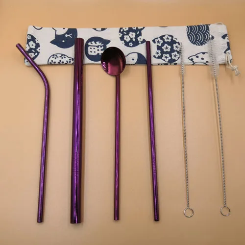 purple with bag Экологически чистый набор соломинок для напитков из нержавеющей стали 3 шт. с коробкой для переноски+ 1 шт. щетка для очистки, многоразовые аксессуары для соломы - Цвет: purple with bag