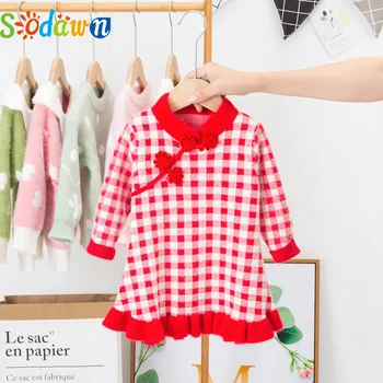 

Girls Knitted Dresses Autumn Winter Vintage Plaid Pringting Warm Long Sleeve Princess Party Toddler Clothes