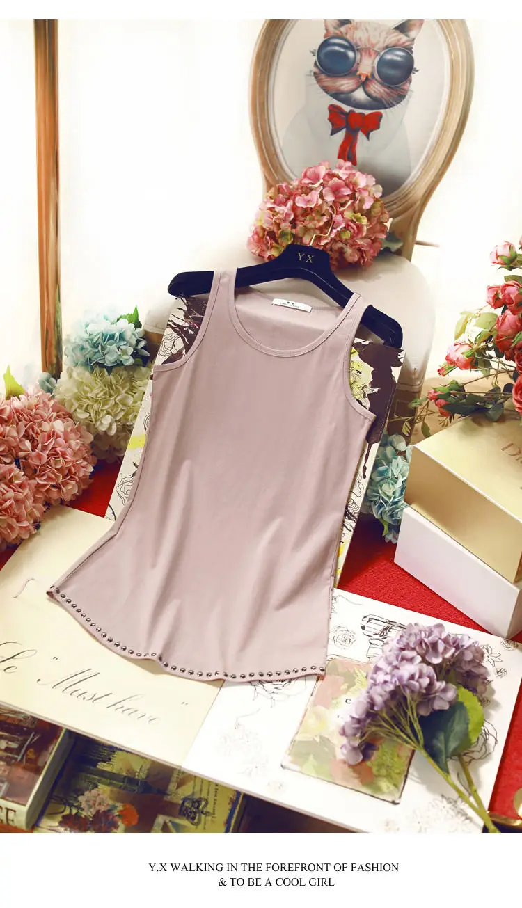 Розовый Размера плюс S-XXXL, летняя мода, заклепки, хлопок, женская сексуальная безрукавка, Женская Базовая однотонная майка, топики для улицы - Цвет: Розовый