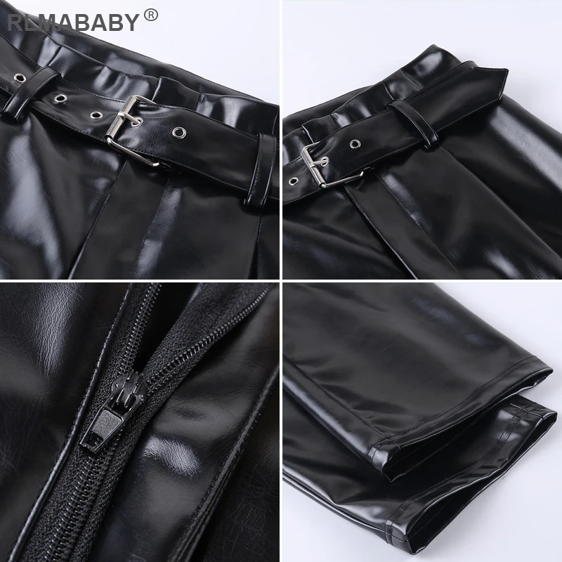 RLMABABY, сексуальные женские прямые брюки с поясом из искусственной кожи, повседневные осенне-зимние штаны с высокой талией, винтажные офисные женские черные брюки