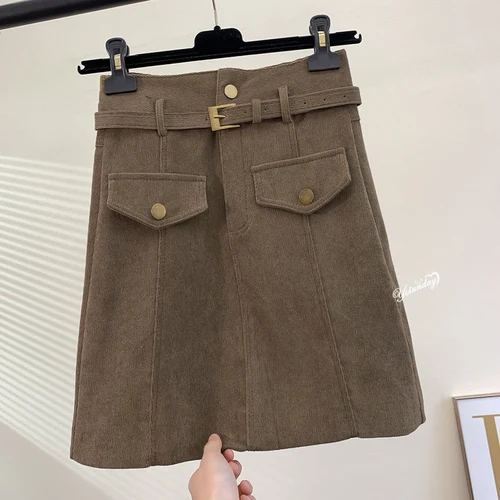 khaki Women Burgundy Skirt A-line with Waist Belt Decoration Black Gothic Mini Skirts Mujer - Color: khaki